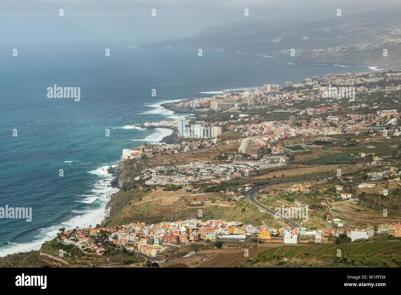 This panoramic photograph, taken at a Mirador de El Lance, shows the north coast of Tenerife and the Orotava Valley. Tenerife, Canary Islands.. Stock Photo