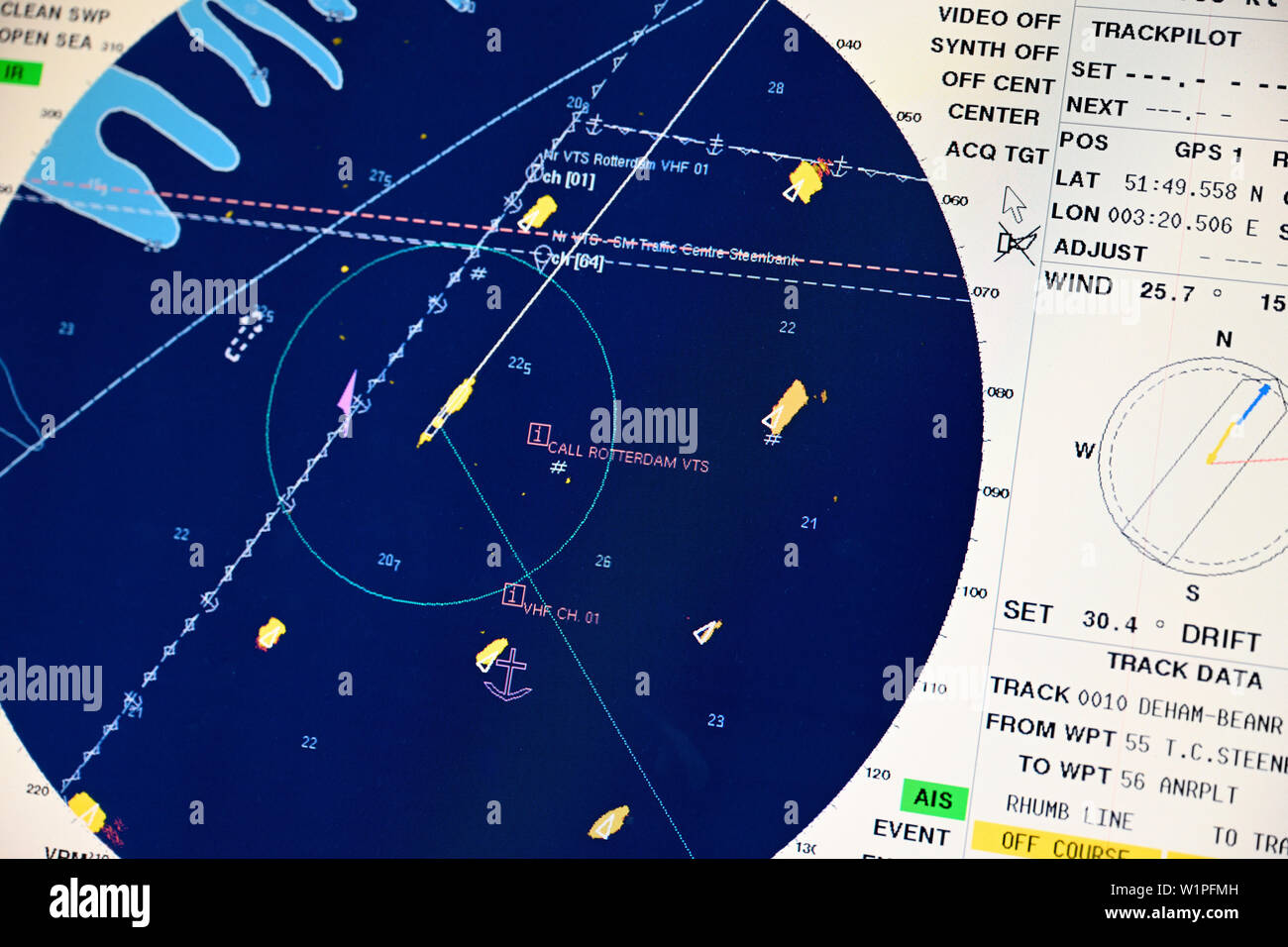 steenbank anchorage, netherlands - 2019.05.14:  ecdis radar screen on the bridge of the containership conti annapurna (imo# 9286255) Stock Photo