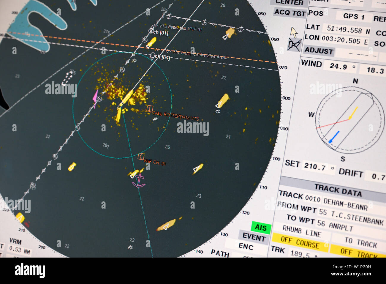 steenbank anchorage, netherlands - 2019.05.14:  ecdis radar screen on the bridge of the containership conti annapurna (imo# 9286255) Stock Photo
