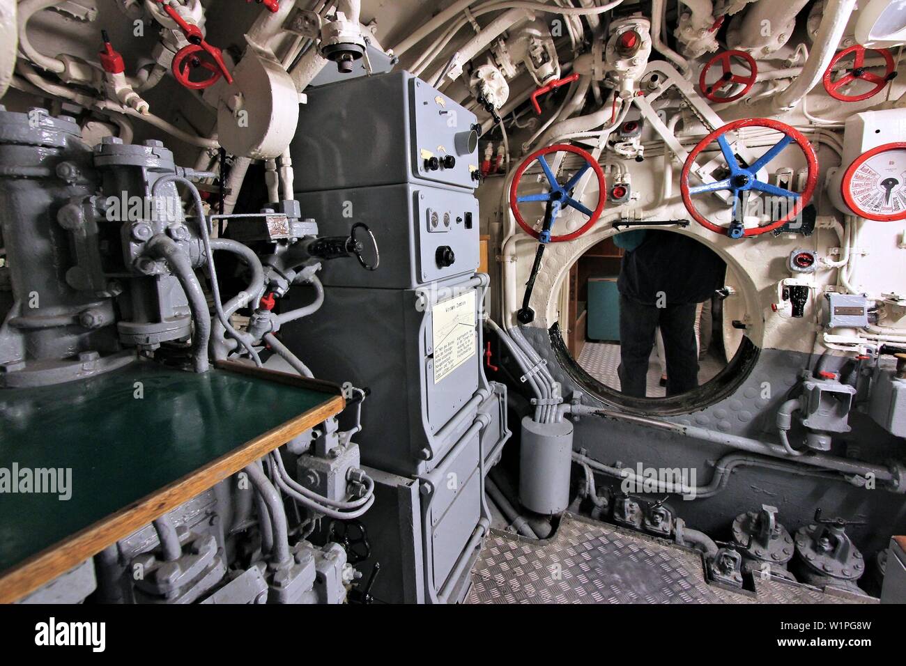 LABOE, GERMANY - AUGUST 30, 2014: Interior of German submarine U-995 (museum ship) in Laboe. It is the only surviving Type VII submarine in the world. Stock Photo