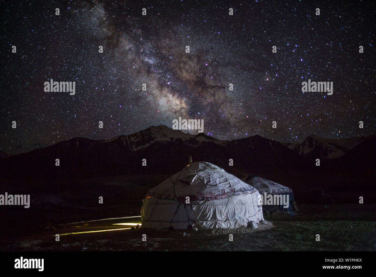 Sky full of stars above kyrgyz yurt, Pamir, Afghanistan, Asia Stock Photo