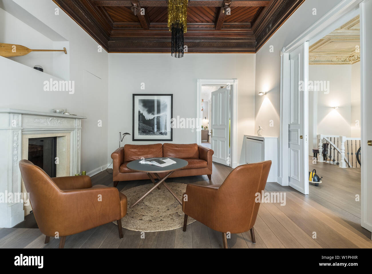 Fireplace in a modern furnished Art Nouveau apartment in Hamburg, north