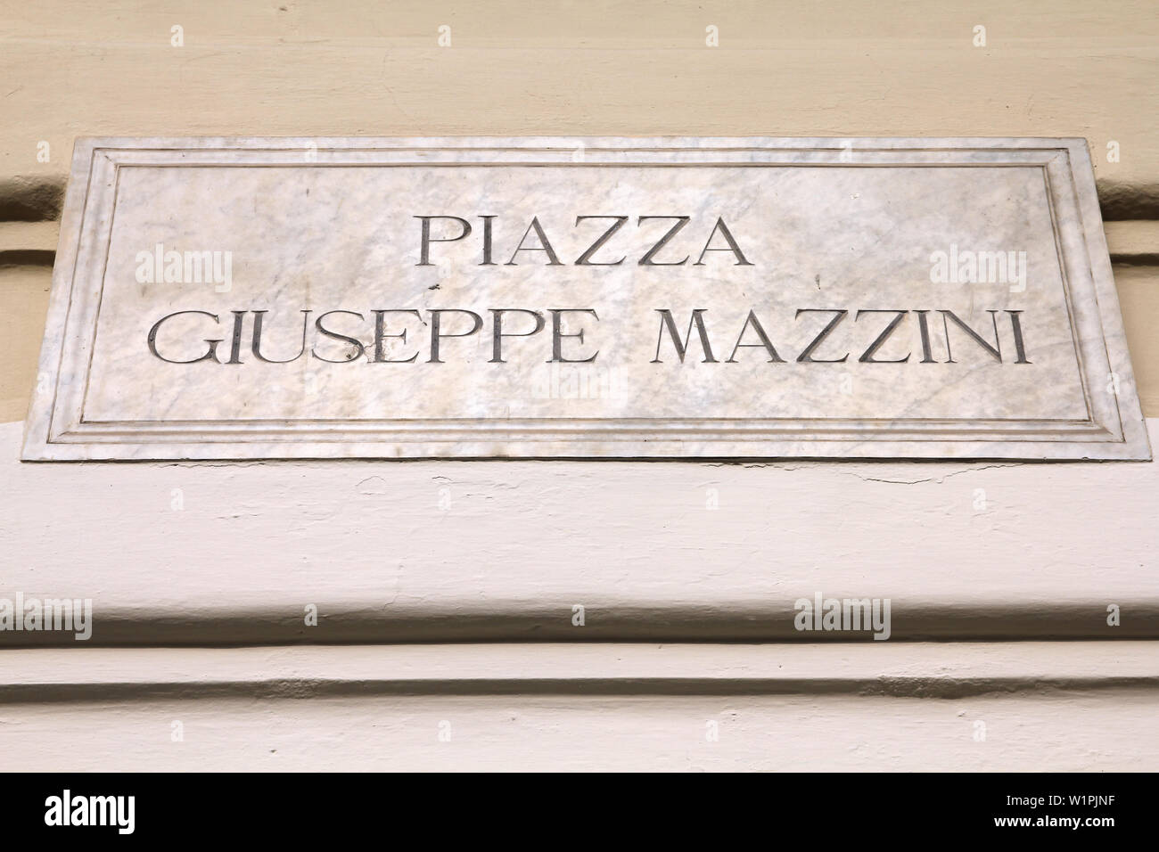 Modena, Italy - Emilia-Romagna region. Square name sign - Piazza Giuseppe Mazzini. Stock Photo
