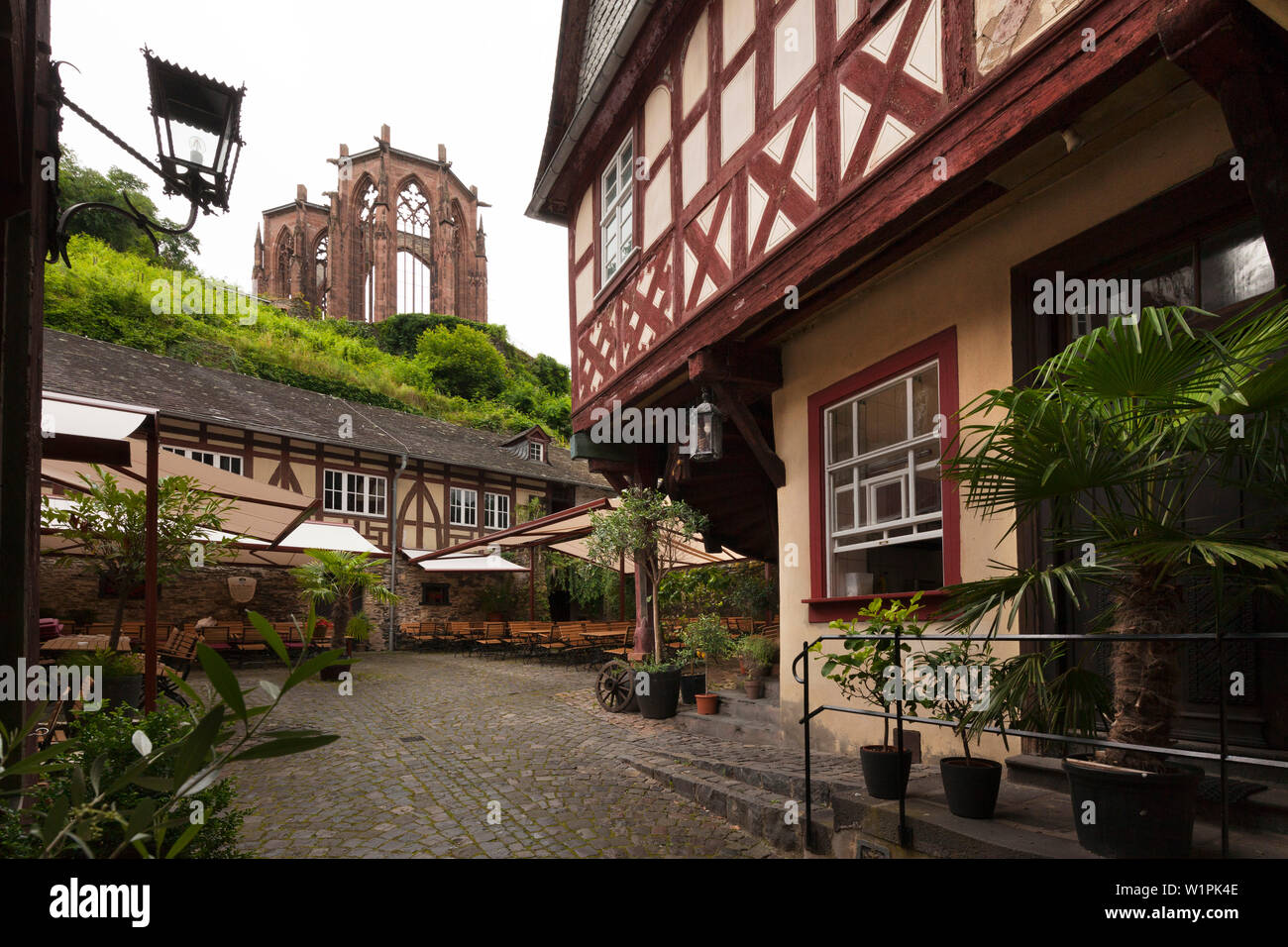 Old post station, view to Wernerkapelle, Bacharach, Rhine river, Rhineland-Palatinate, Germany Stock Photo