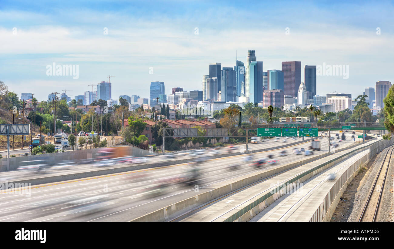 Los Angeles City Freeway Traffic At Sunny Day Stock Photo