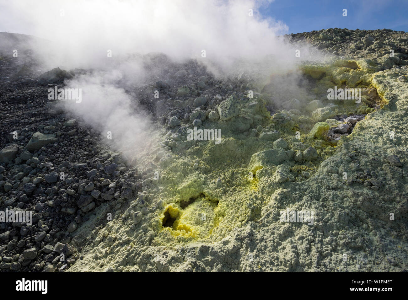Sulfur on the crater rim of Gran Cratere, Vulcano Island, Lipari Islands, Aeolian Islands, Tyrrhenian Sea, Mediterranean Sea, Italy, Europe Stock Photo