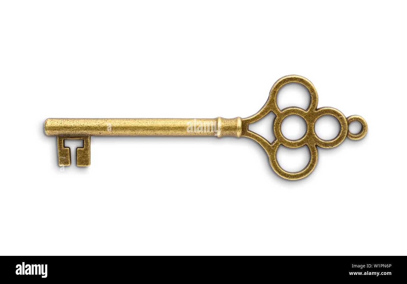 Vintage golden skeleton key isolated on white background Stock Photo