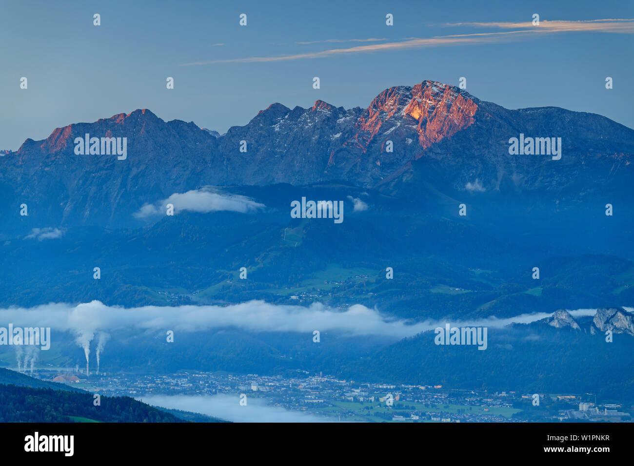 Valley of Salzach with Hallein, Hoher Goell in background, from Gaisberg, Salzkammergut, Salzburg, Austria Stock Photo