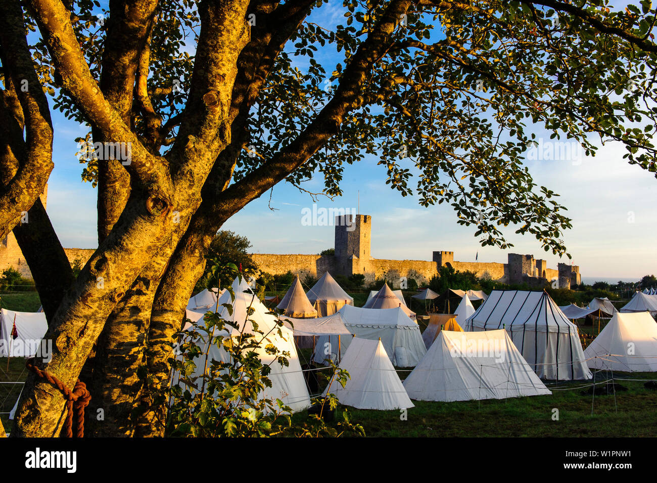 City wall of the old town of Visby, tent camp Medieval festival in front of  the old city wall, Schweden Stock Photo - Alamy
