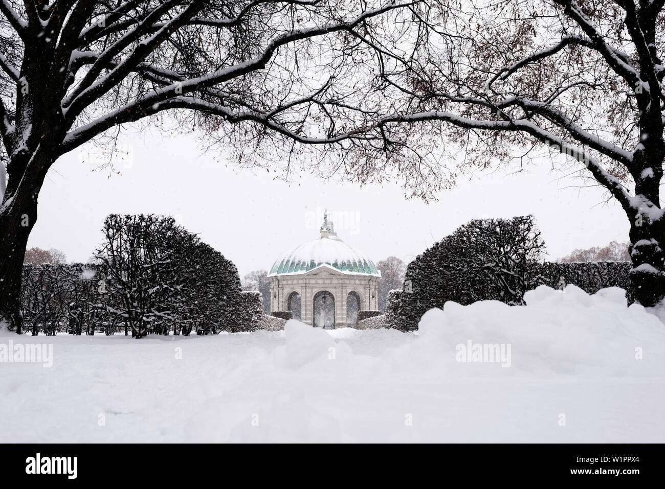 Pavillon during Snow Fall in Hofgarten, Munich, Germany Stock Photo
