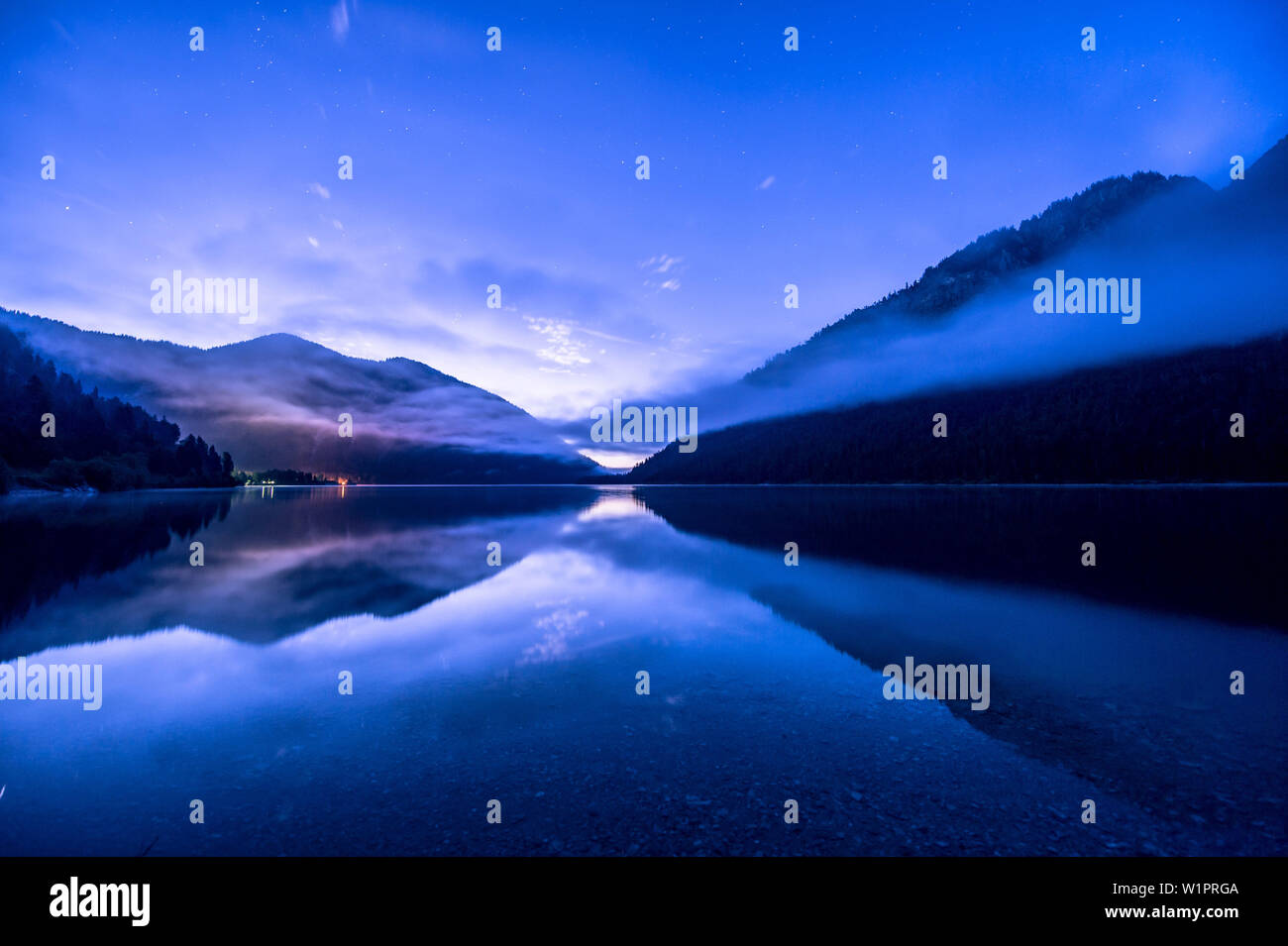 Landscape at Plansee by night, Plansee, Reutte, Tirol, austria, europe. Stock Photo