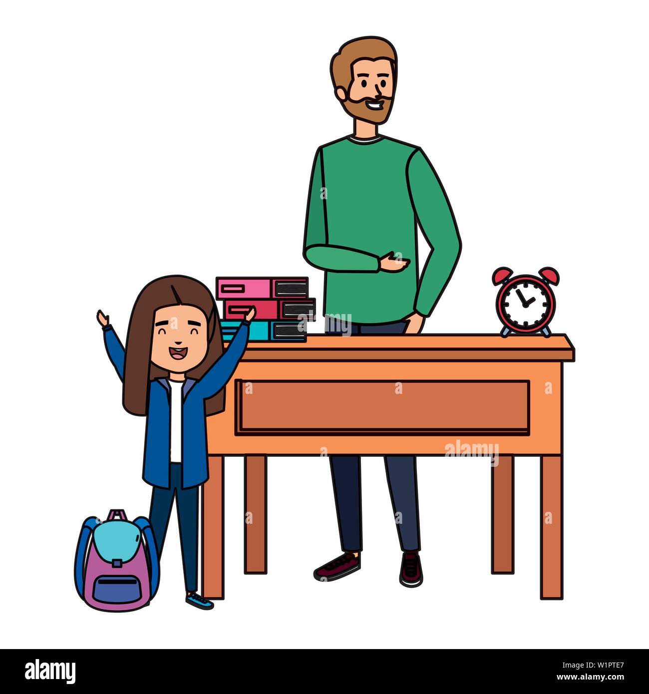 Happy Student Girl With Male Teacher In Desk Stock Vector Art