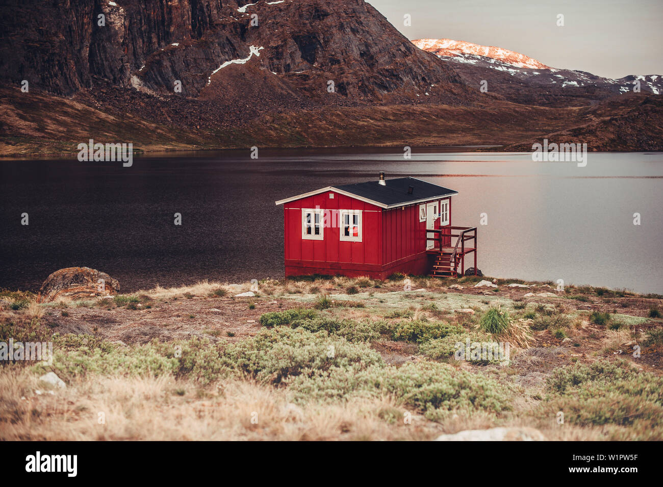 Red cabin in greenland, greenland, arctic. Stock Photo