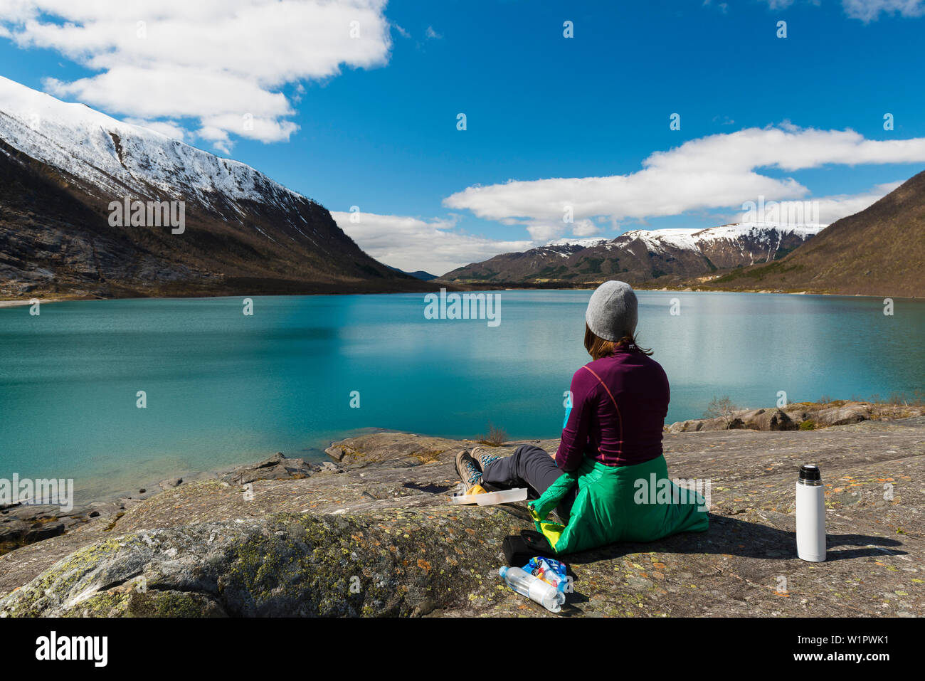 Hiking at Svatisvatnet glacierlake, Nordland, Norway Stock Photo