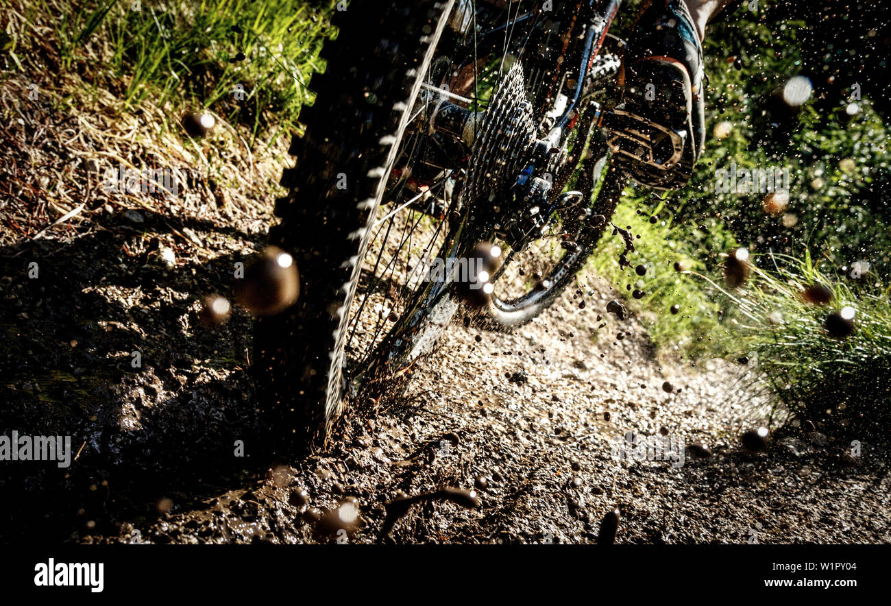 Rear wheel of a mountainbike in deep mud, sprinkling dirt, Tyrol, Austria Stock Photo