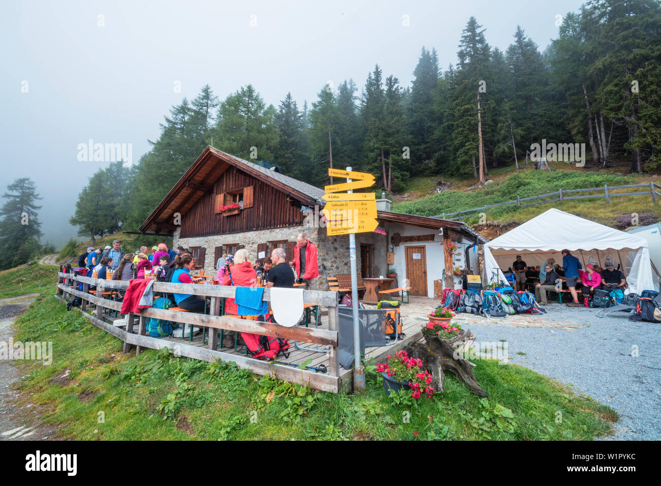 Lots going on the Lacher Alm, E5, Alpenüberquerung, 4th stage, Skihütte Zams,Pitztal,Lacheralm, Wenns, Gletscherstube, Zams to Braunschweiger Hütte, t Stock Photo