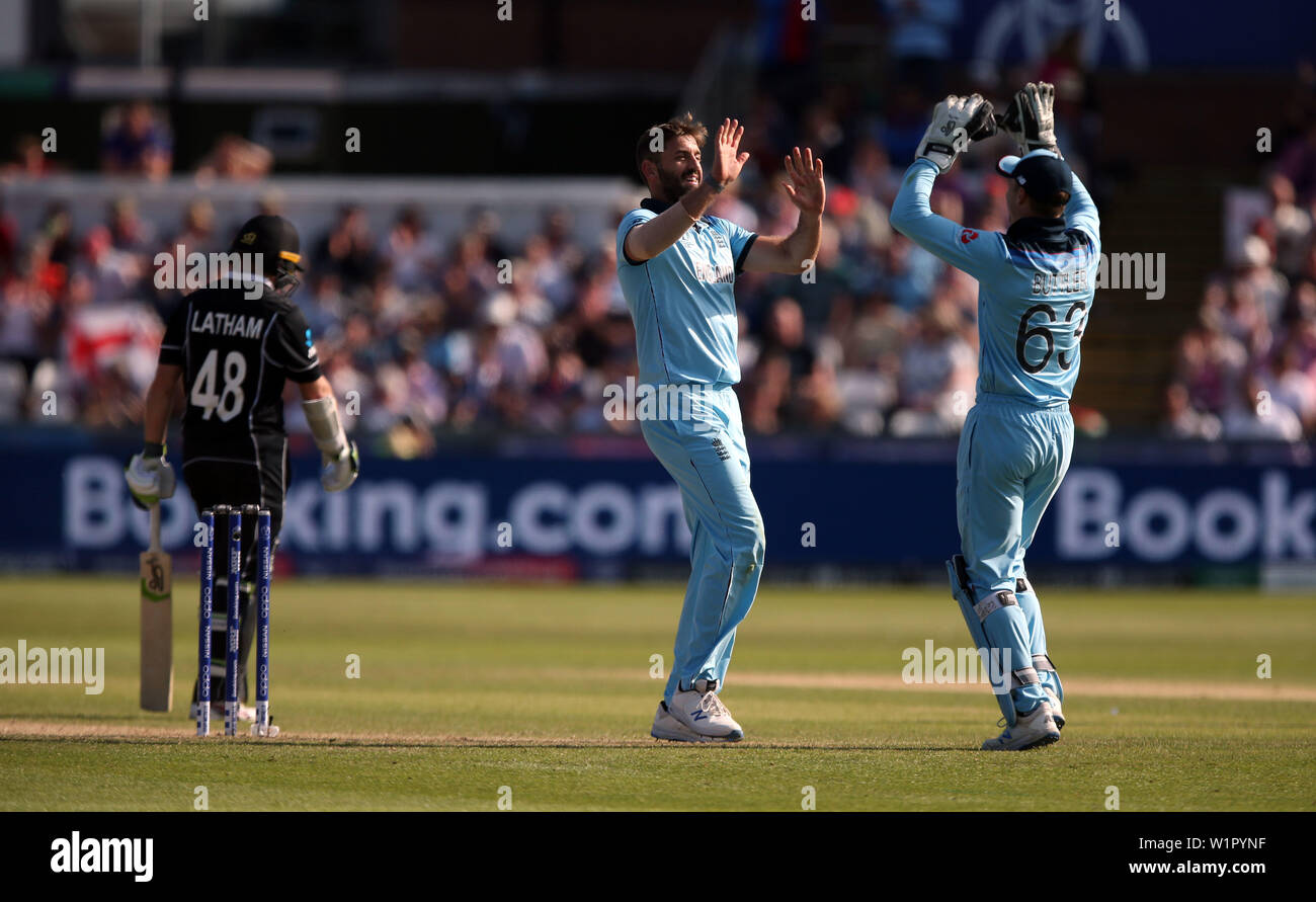 Chester-le-Street, Durham, UK. 3rd July 2019. England celebrate as Tom Latham of New Zealand is caught by Jos Butler off the bowling of Liam Plunkett during the ICC Cricket World Cup 2019 match between England and New Zealand at Emirates Riverside, Chester le Street on Wednesday 3rd July 2019. (Credit: Christopher Booth | MI News) Credit: MI News & Sport /Alamy Live News Stock Photo