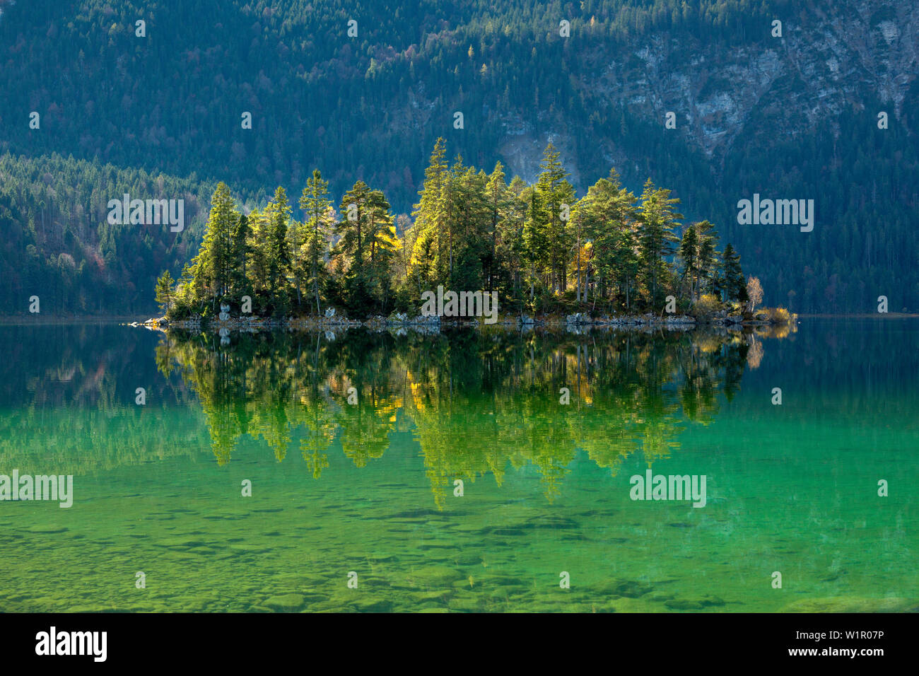 Small island at Eibsee, Werdenfelser Land, Bavaria, Germany Stock Photo