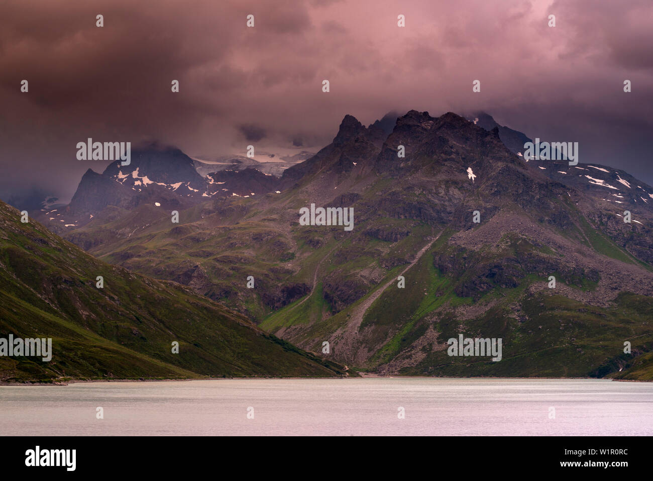 Lake Silvrettasee, storm cloud, Mt. Schattenspitze, Glacier Schattenspitzgletscher, Bludenz, Vorarlberg, Austria, Europe Stock Photo
