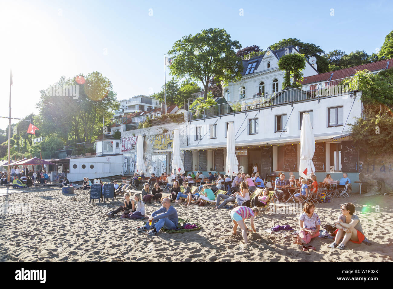 Beach in front of the bar Strandperle by the river Elbe, didtrict Övelgönne, Hanseatic City of Hamburg, Northern Germany, Germany, Europe Stock Photo