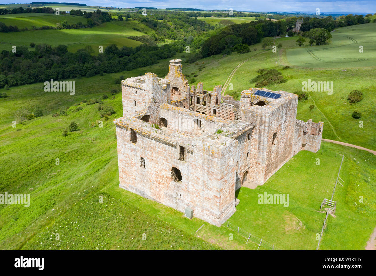 Elevated view of Crichton Castle in Midlothian, Scotland, UK Stock Photo