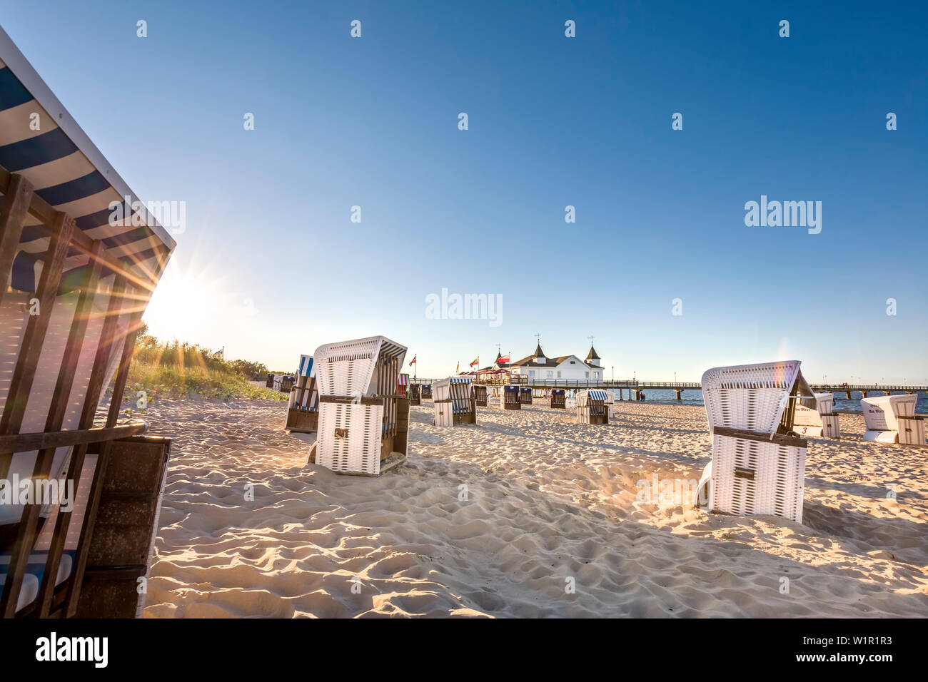 Beach chairs and pier, Ahlbeck, Usedom island, MecklenburgWestern