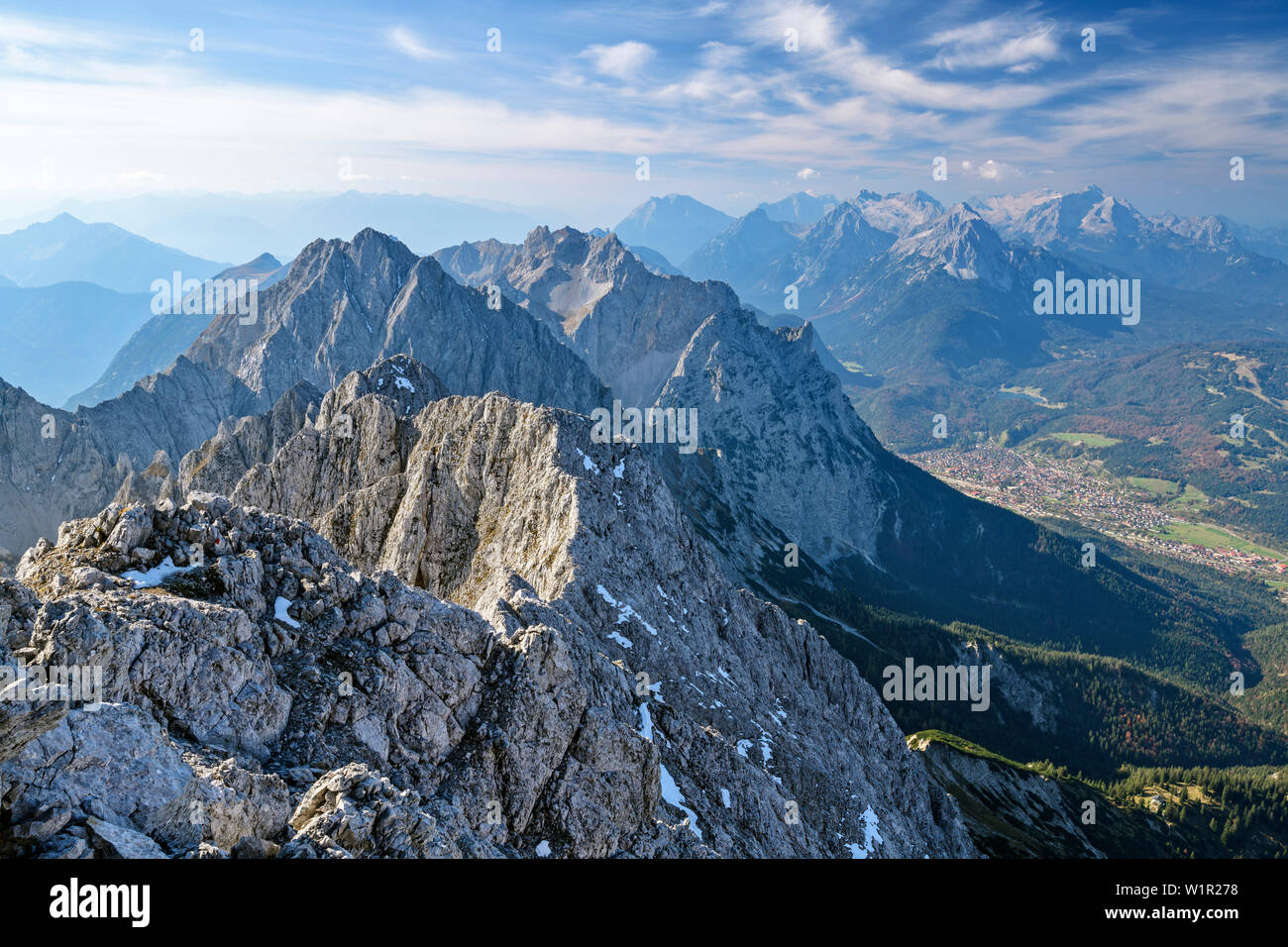 View towards Karwendel and Wetterstein, from Woerner, Karwendel range, Upper Bavaria, Bavaria, Germany Stock Photo