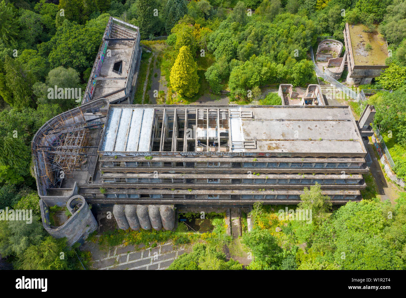 Elevated view of ruined building of former St Peter's Seminary in Cardross, Argyll and Bute, Scotland, UK.  Grade A listed, Architect Gillespie Kidd & Stock Photo