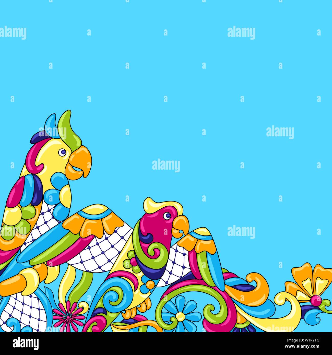 Background with tropical parrots. Mexican ceramic cute naive art. Stock Vector