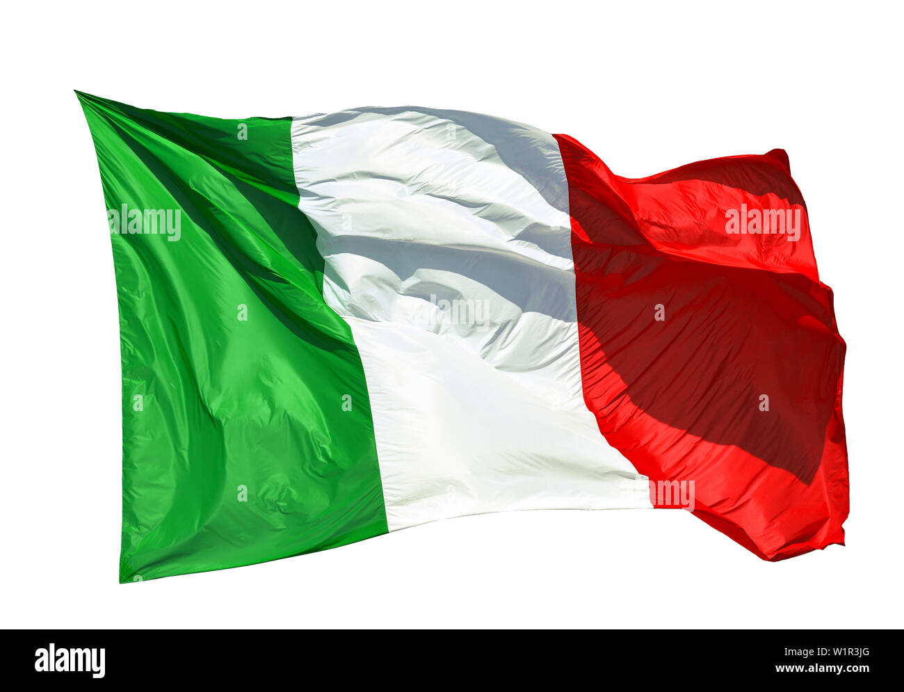 Italian flag fluttering in the wind. Green, White, Red are Italian national colors (Isolated on white background) Stock Photo