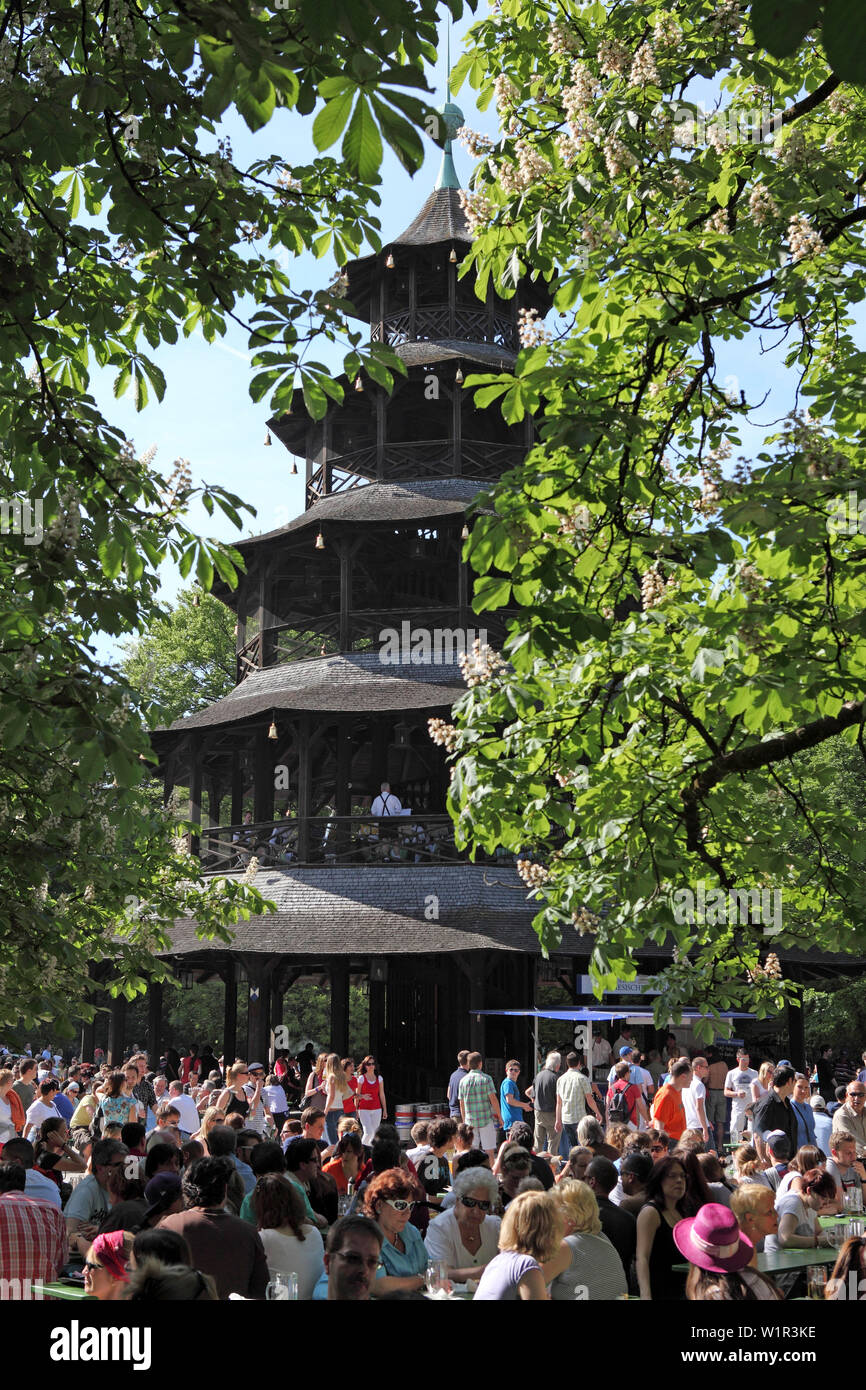 Chinese Tower in the English Garden, Chinesischer Turm, Englischer Garten, Munich, Bavaria, Germany Stock Photo