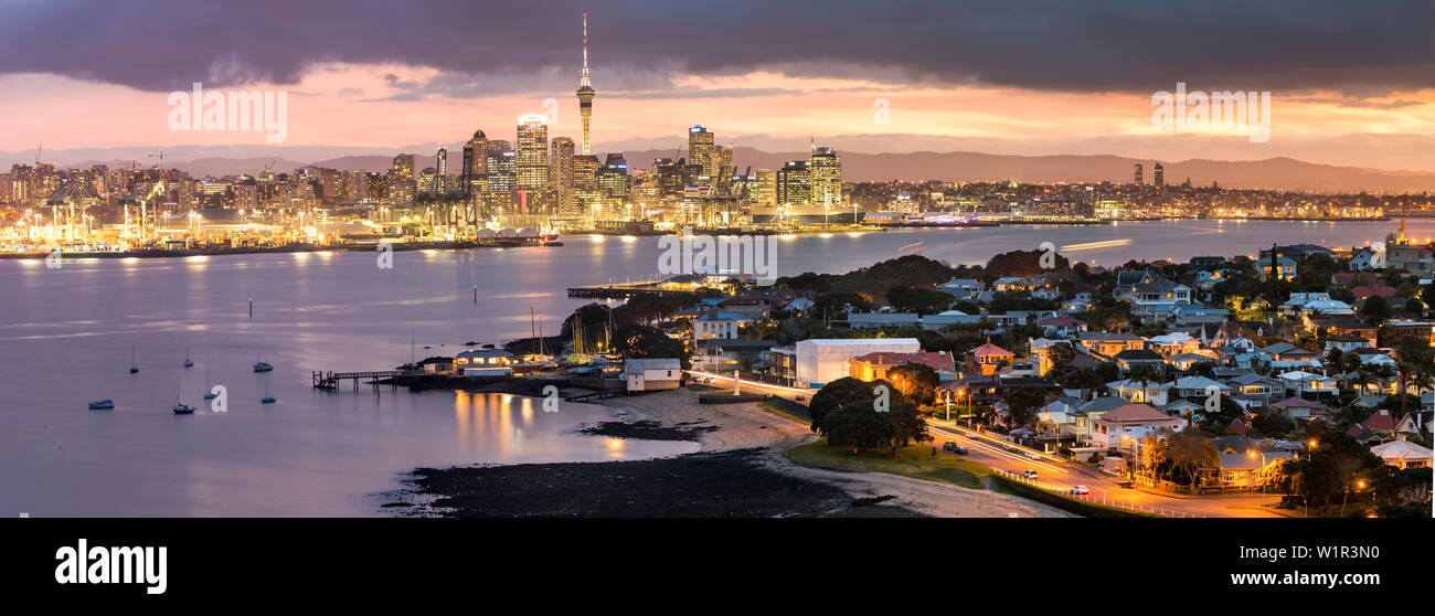 Devonport, Skytower at night, Auckland, North Island, New Zealand, Oceania Stock Photo