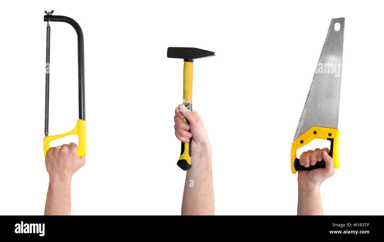 Hands with different tools isolated on white background Stock Photo