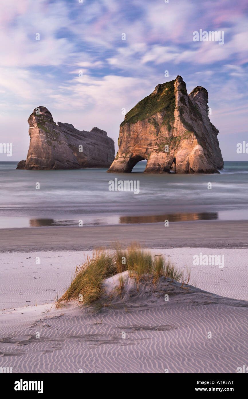 Wharariki Beach, Cape Farewell, Farewell Split, Tasman, Tasman Sea, Cook Strait South Island, New Zealand, Oceania Stock Photo