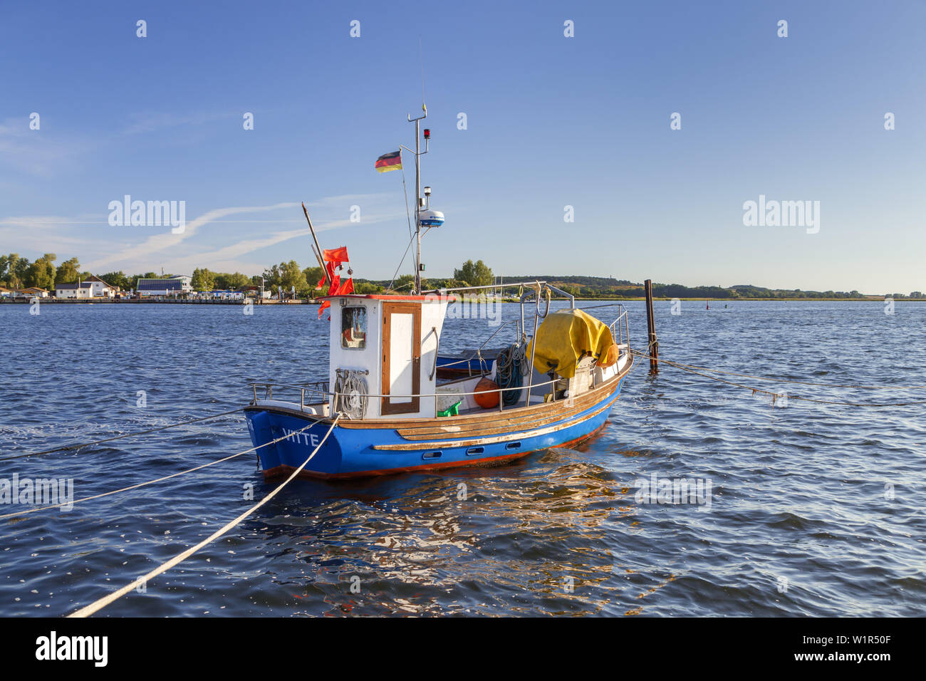 Fishing boat on the bay, Vitte, Island Hiddensee, Baltic coast, Mecklenburg-Western Pomerania, Northern Germany, Germany, Europa Stock Photo