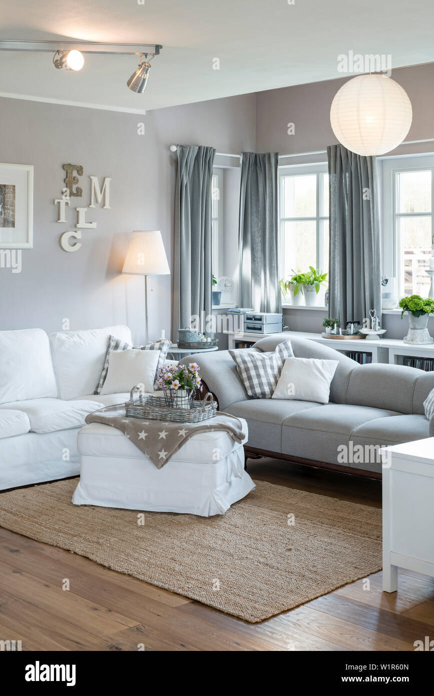 Modern Nordic Living room in family house with white and gray ...