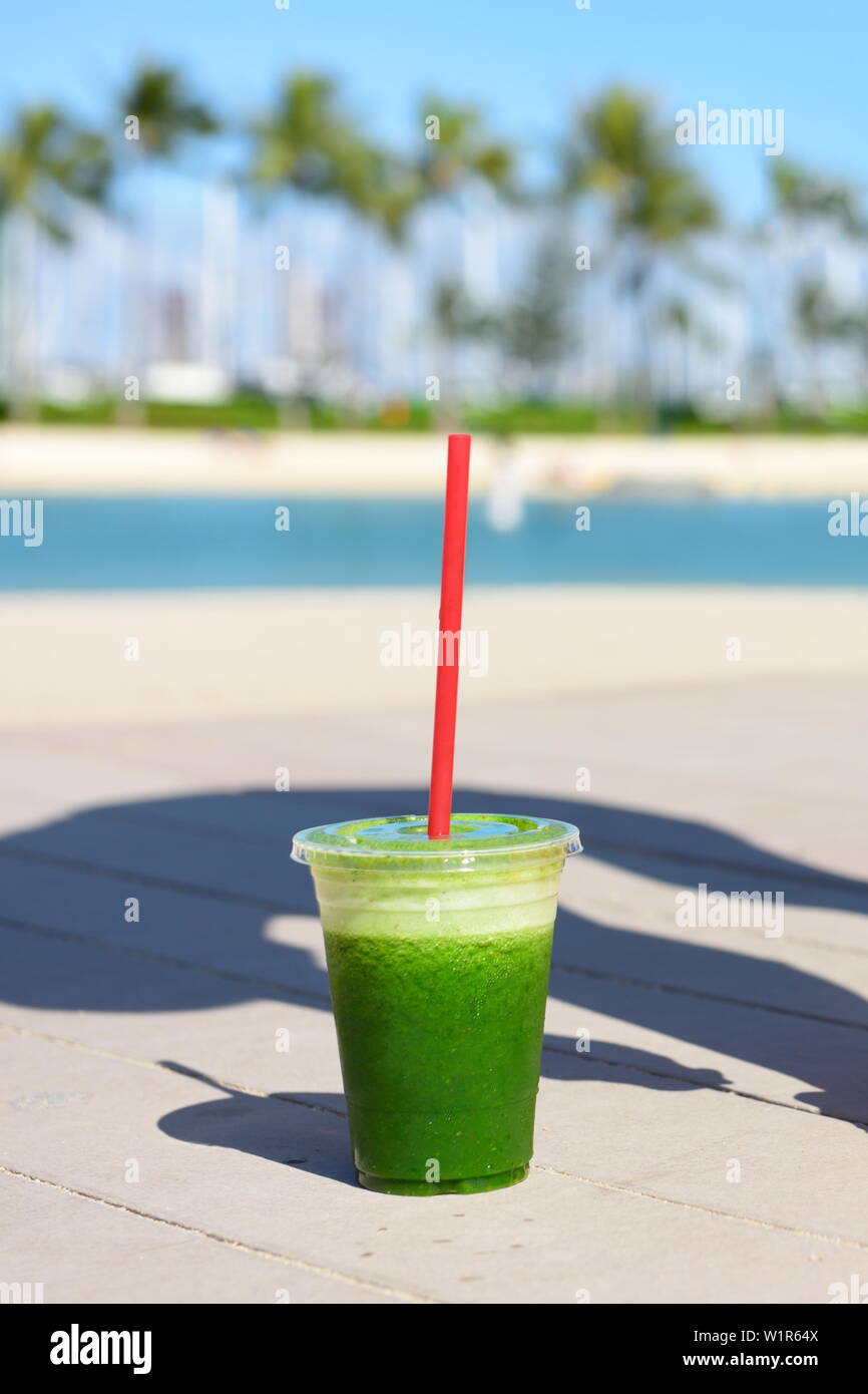 Green spinach vegetable smoothie made from leafy greens. Healthy food, health, detox cleanse lifestyle concept. Stock Photo