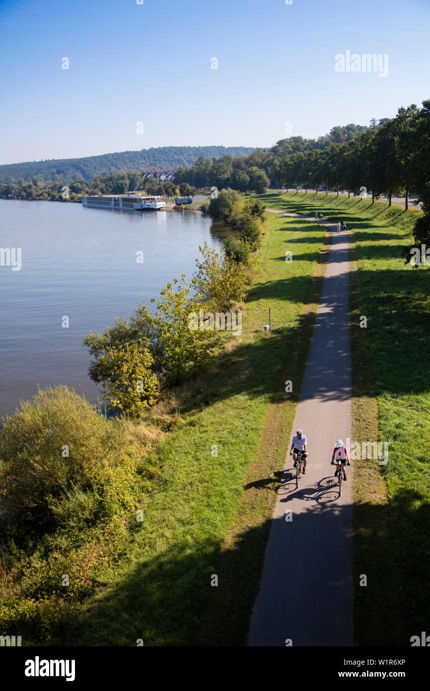 Overhead of two bicycle riders on Mainradweg cycling path along Main river with river cruise ship Viking Modi (Viking River Cruises) in distance, Wert Stock Photo