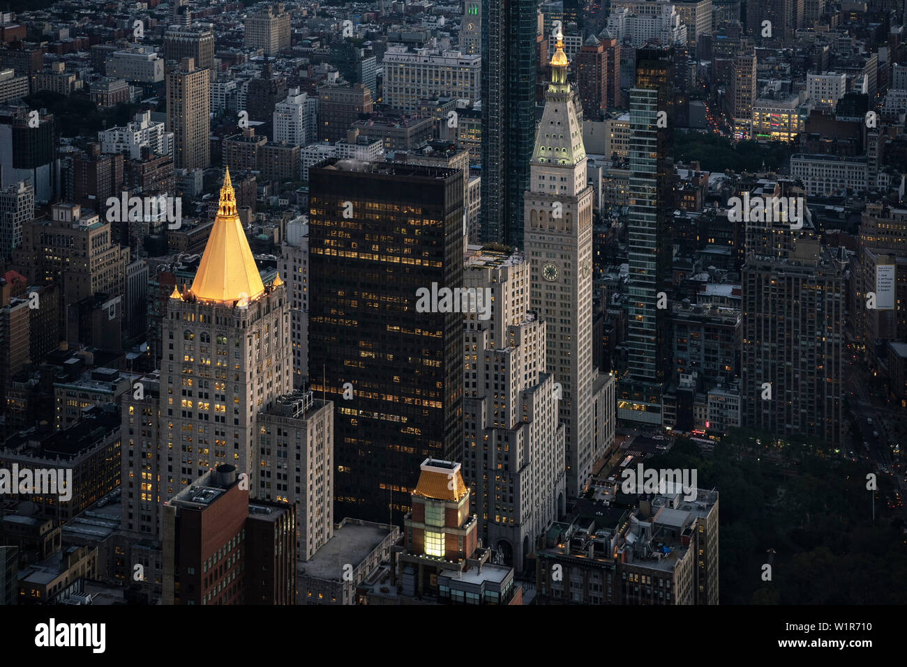 Clocktower and New York life building with golden rooftop, view from viewing platform of Empire
