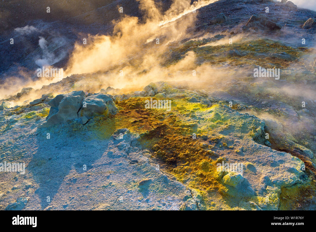 Sulfur on the crater rim of Gran Cratere, Lipari Islands, Aeolian Islands, Tyrrhenian Sea, Mediterranean Sea, Italy, Europe Stock Photo