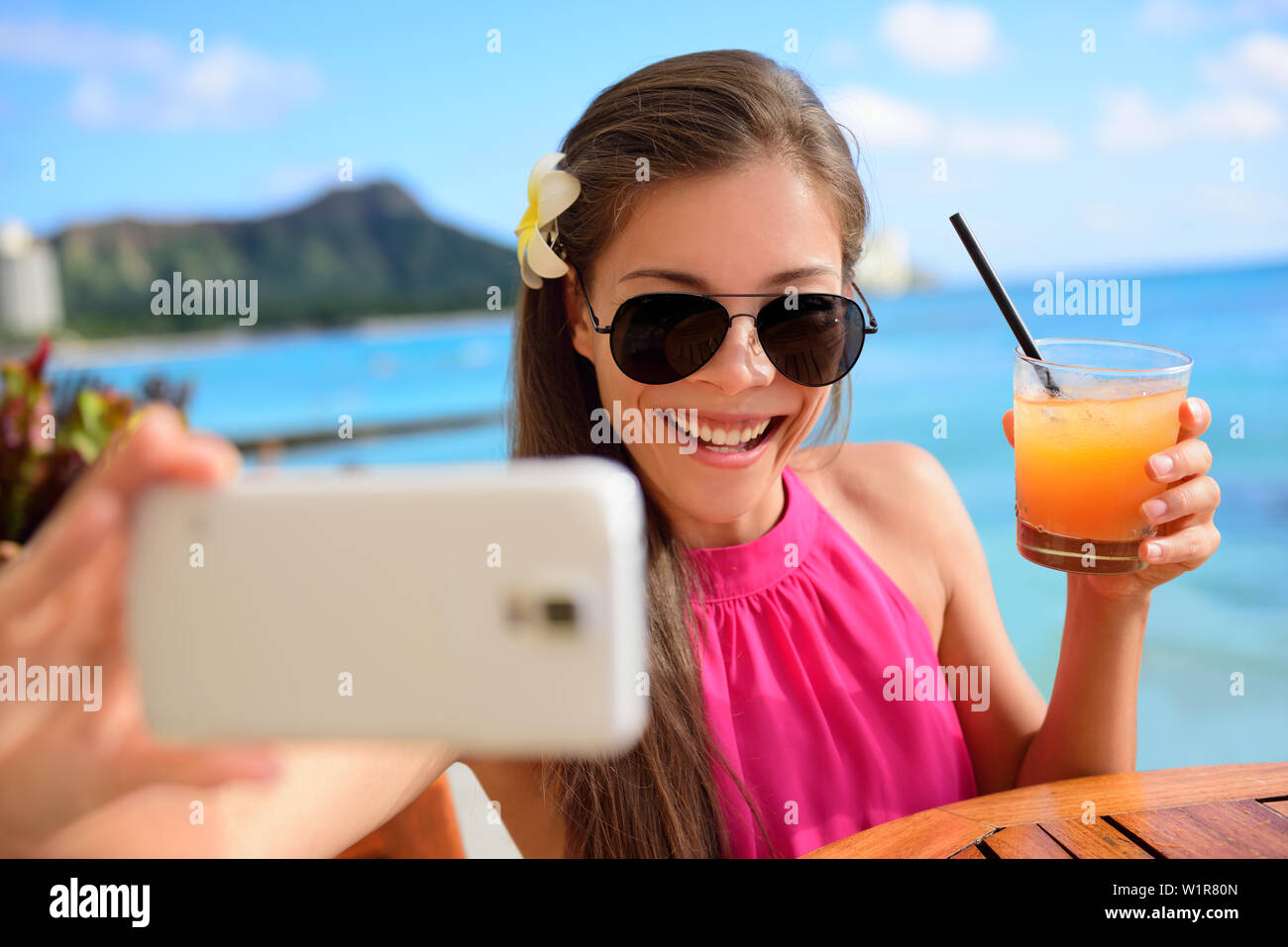 Selfie Woman Taking Self Portrait At Beach Bar During Holidays Young