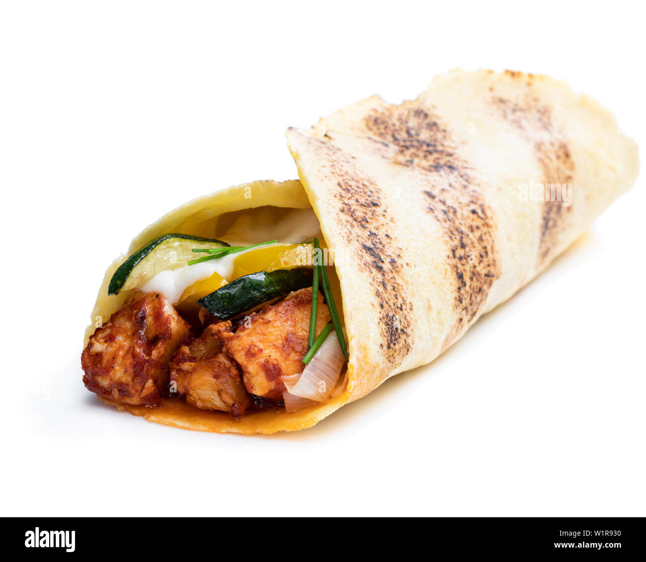 Homemade grilled chicken burrito with vegetables and tortilla isolated on white Stock Photo Alamy