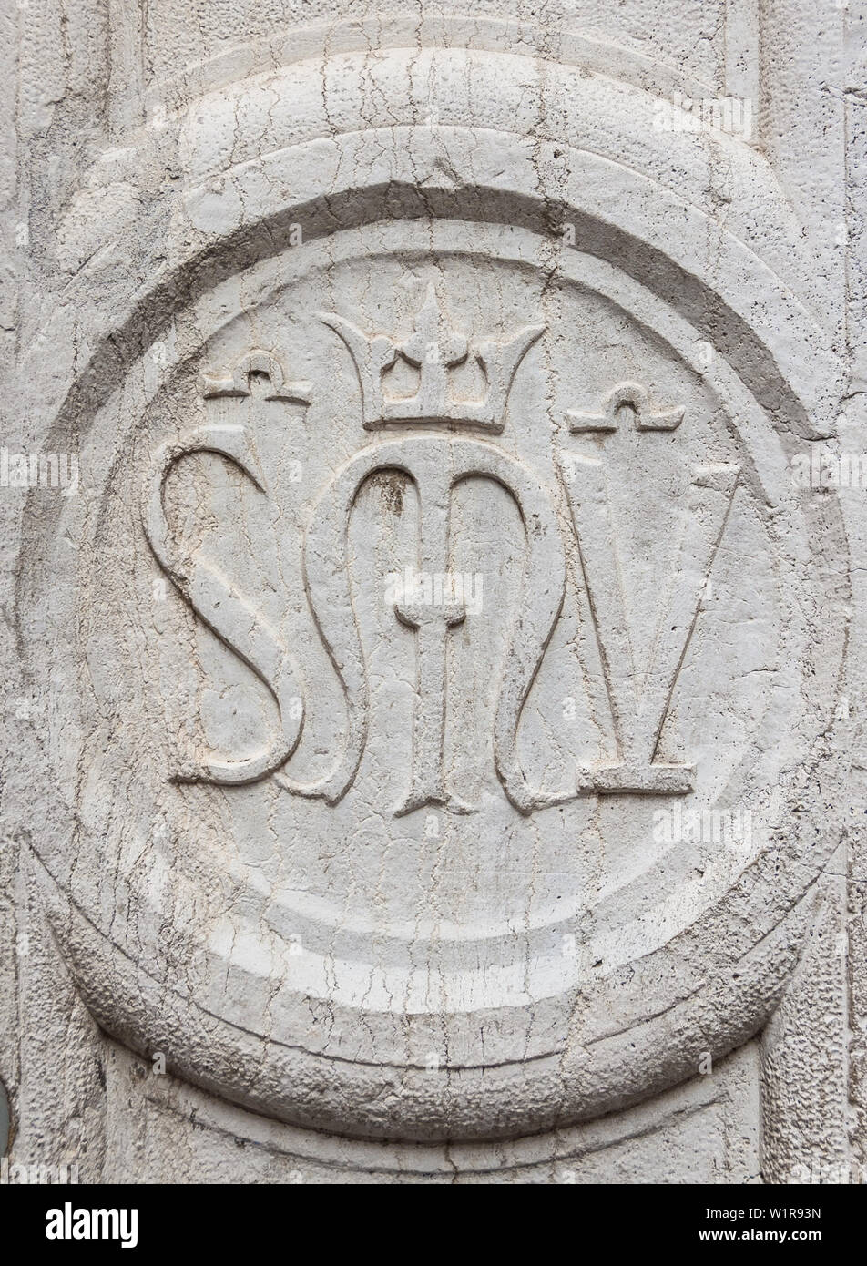 Scuola vecchia della Misericordia (Old School of Mercy) ancient symbol on a Venice wall Stock Photo