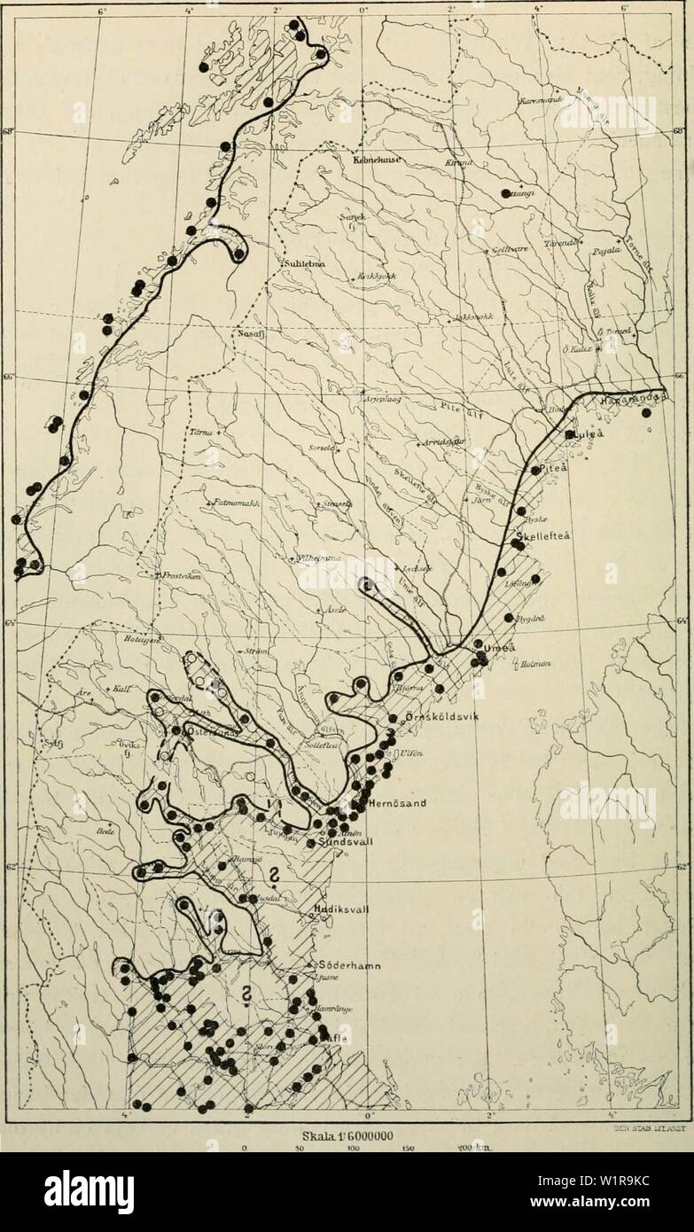 Archive image from page 45 of Den norrländska florans geografiska. Den norrländska florans : geografiska fördelning och invandringshistoria ; med särskild hänsyn till dess sydskandinaviskar arter dennorrlndskaf00ande Year: 1912 Fig. I. Karta visande porsens ('J/vr/Vrt .e/) utbredning i norra Skandinavien. Genom streckning har angifvits artens sannolika utbredningsområde, genom grofva punkter säkra lokaler, genom cirklar osäkra, jfr s. 4, noten. Uppgifterna att arten är allmän inom de med ? angiina områdena, torde knappast vara riktiga eller behöfva åtminstone bekräftas. Inom Värmland anges p Stock Photo