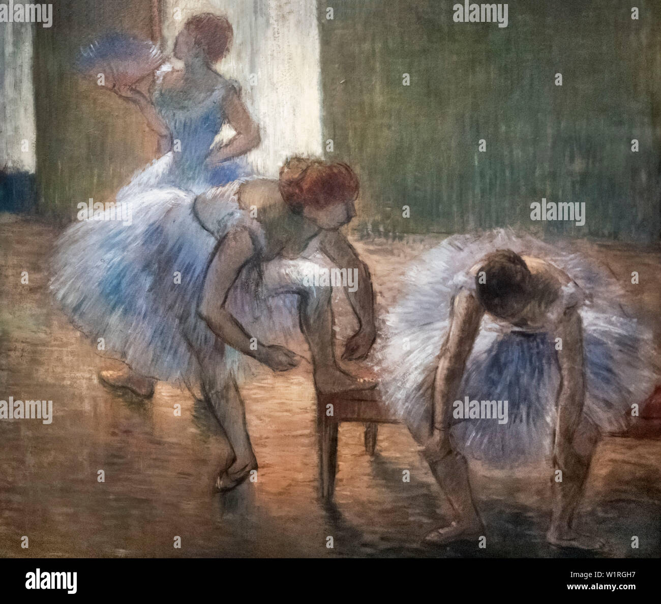 Degas ballet painting. Trois Danseuses a la Classe de Danse (Three dancers at a Dance Class) by Edgar Degas, oil on cardboard, c.1888–1890 Stock Photo