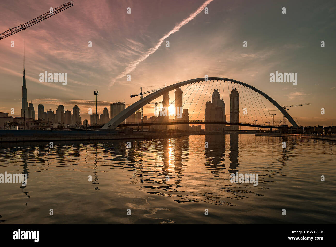 Beautiful Sunrise View of Tolerance Bridge in Dubai Canal Stock Photo ...