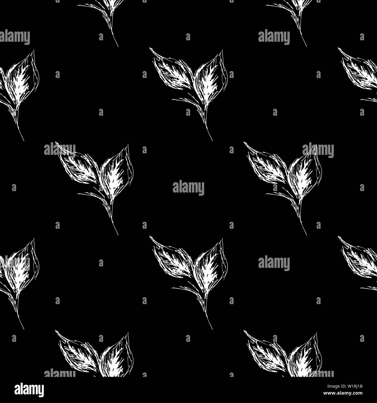 Outline doodle seamless leaves in line art style on black background ...