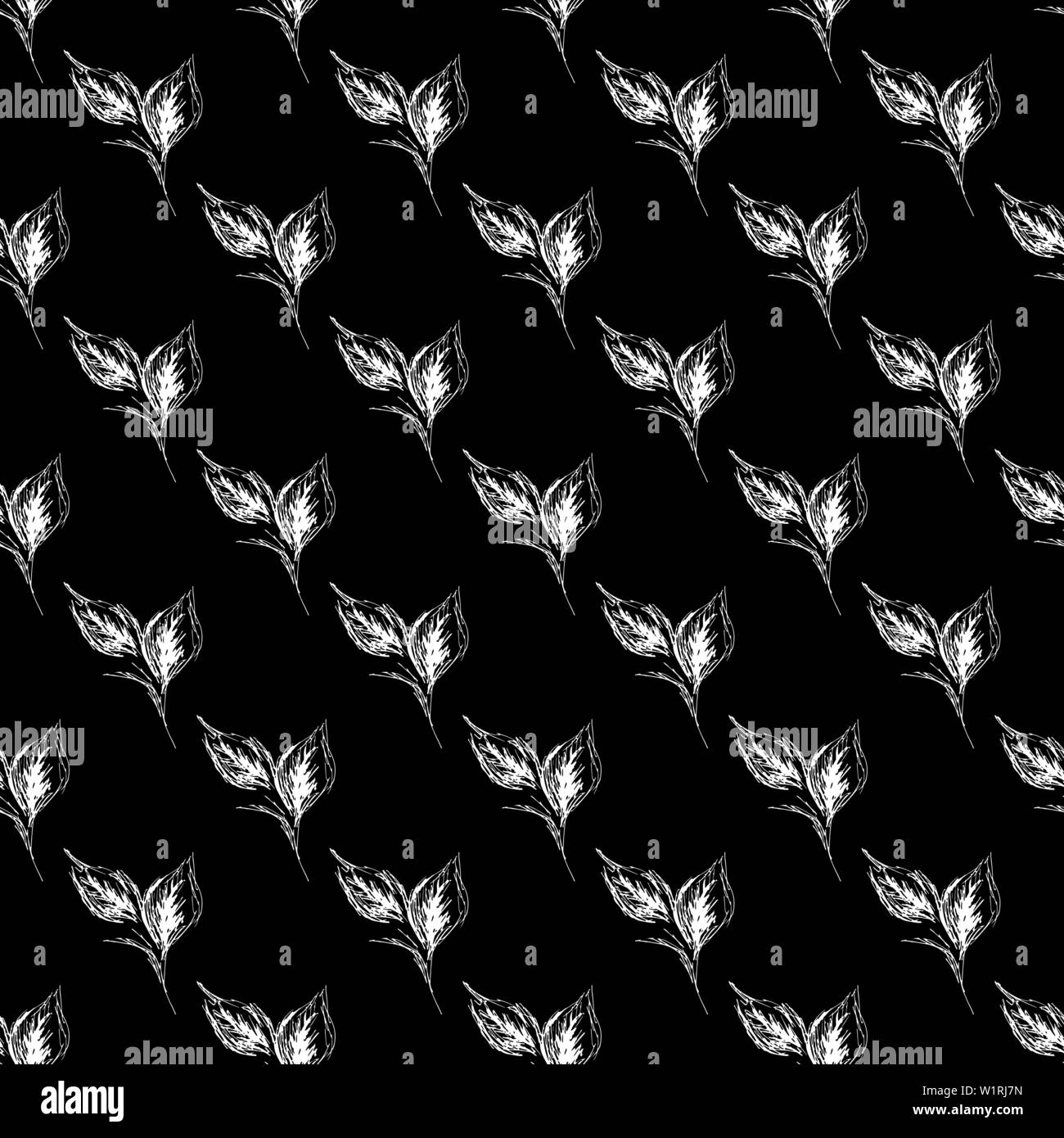 Outline doodle seamless leaves in line art style on black background ...