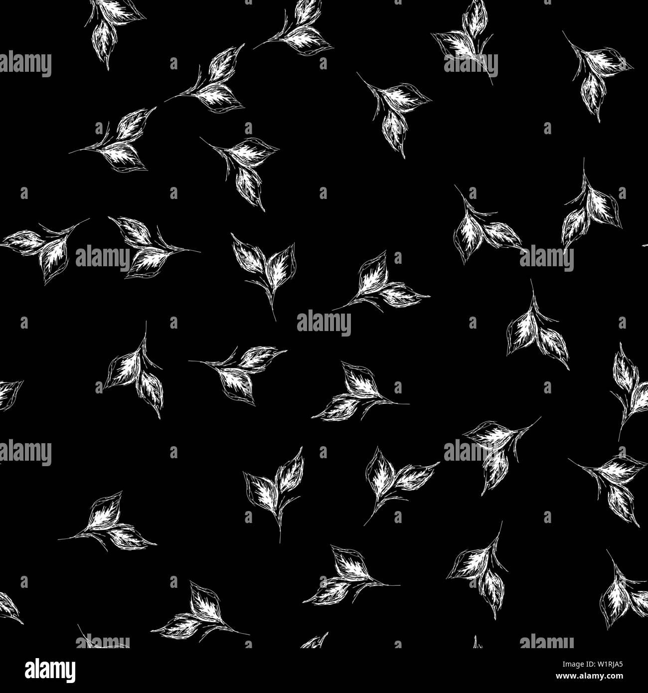 Outline doodle seamless leaves in line art style on black background ...
