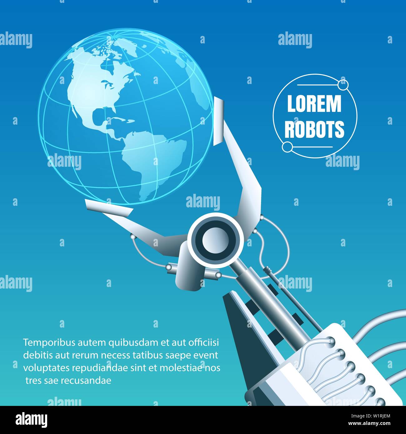 Globe in a robotic arm. Environment friendly global robot industry concept. Vector illustration. Stock Vector